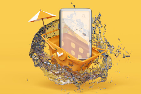 mobile phone or smartphone with shopping carts, orange basket, water splash, umbrella isolated on yellow background. online shopping, summer travel vacation concept, 3d illustration or 3d renderの写真素材