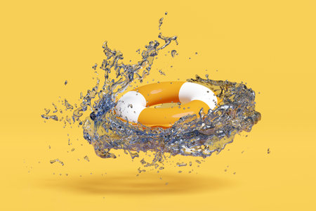 orange swim ring with water splash isolated on yellow background. summer travel concept, 3d...