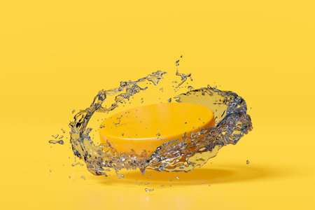 water splash transparent with stage podium empty, geometric cosmetic promotion, beauty product, showcase pedestal isolated on yellow background. minimal modern scene, 3d render illustrationの写真素材