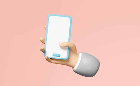 3d hand holding smartphone isolated on pink background. hand using mobile phone, screen phone...