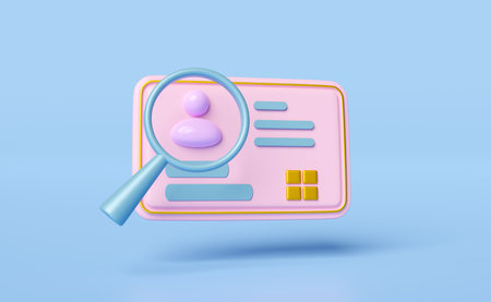 3d Id card icon with magnifying glass isolated on blue background. human resources, plastic card, Job search, verify identity concept, 3d render illustrationの写真素材