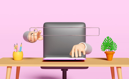 3d search bar with businessman hand pointing finger, magnifying glass, office room isolated on pink background. web search engine, web browsing concept, 3d render illustrationの写真素材