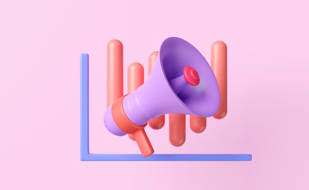 3d financial report charts, graph with megaphone isolated on pink background. Online marketing, business strategy, data analysis, 3d render illustrationの写真素材