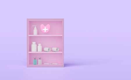 medicine cabinet with drugs shelf isolated on purple background. 3d render illustrationの写真素材