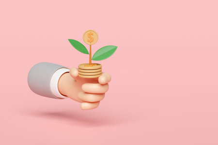 3d hands hold tree money icon isolated on pink background. business growth concept, 3d render illustrationの写真素材