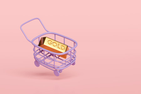 3d shopping cart, basket with gold bar isolated on pink background. economic movements or business finance concept, 3d render illustrationの写真素材