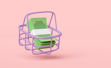 3d dollar banknote pile with shopping cart, basket isolated on pink background. economic movements or business finance concept, 3d render illustrationの写真素材