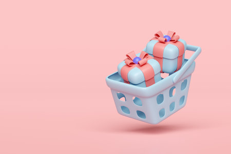 shopping carts or basket with gift box isolated on pink background. 3d illustration renderの写真素材