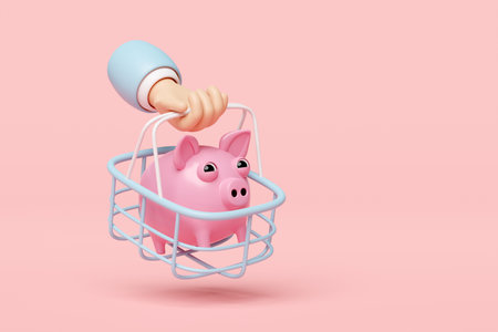 hands holding pink piggy banks with basket, shopping cart isolated on white background. saving money concept, 3d illustration renderの写真素材