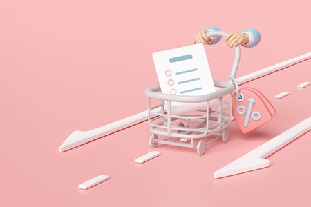 3d hand pushing a shopping carts  with checklist, discount sales, price tags coupon isolated on pink background. purchase target concept, 3d render illustrationの写真素材