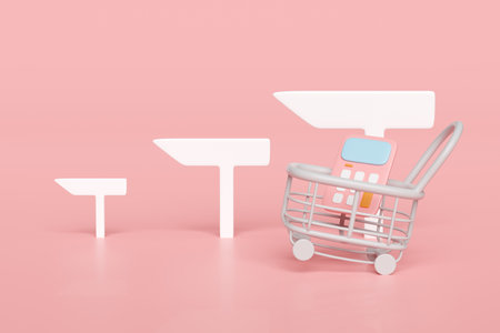 3d shopping carts, basket with signboard or signpost, pin, calculator isolated on pink background. 3d render illustrationの写真素材