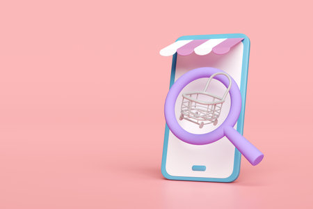 3d mobile phone, smartphone with store front, shopping carts, magnifying glass isolated on pink background. web search engine or web browsing, online shopping concept, 3d render illustrationの写真素材