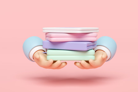 3d two hand holds textbook stacks, close book isolated on pink background. education, knowledge creates ideas concept, minimal abstract, 3d render illustrationの写真素材