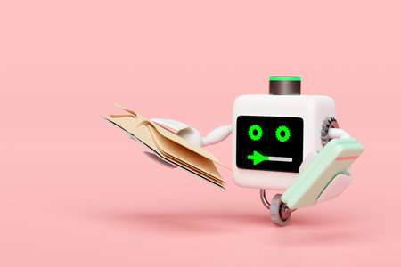 3d Artificial Intelligence, Machine Learning with robot reading book  isolated on pink background. education, knowledge creates ideas concept, 3d render illustrationの写真素材