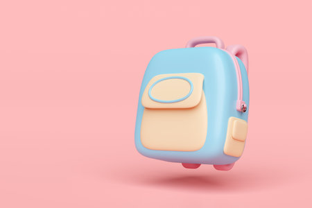 3d cartoon blue backpack, school bag floating icon isolated on pink  background. back to school, education concept, 3d render illustrationの写真素材