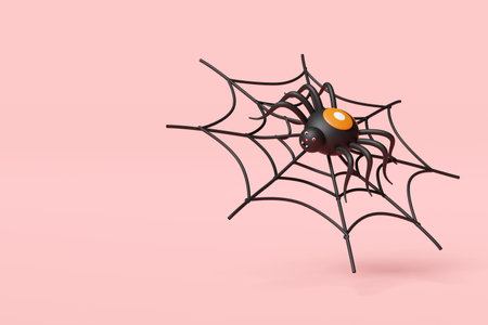 3d halloween holiday party with spider and spider web isolated on pink background. 3d render illustrationの写真素材