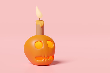 3d halloween holiday party with skull, candle isolated on pink background. 3d render illustrationの写真素材