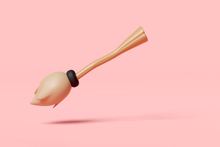 3d halloween holiday party with witch wand isolated on pink background. 3d render illustrationの写真素材