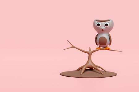 3d halloween day concept with cute owl perched on branch isolated on pink background. holiday party, 3d render illustrationの写真素材
