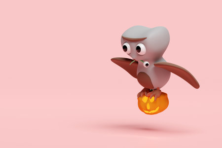 3d halloween day concept with  flying cute owl holding a pumpkin head, worm, eye isolated on pink background. holiday party, 3d render illustrationの写真素材