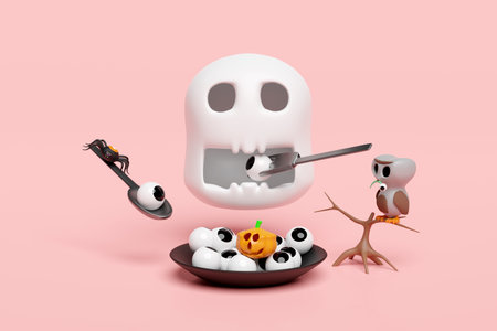 3d halloween day concept with skull eats eyeball, pumpkin head in plate, cute ghost owl perched on branch isolated on pink background. holiday party, 3d render illustrationの写真素材