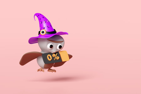 3d halloween day with flying cute owl wearing a witch hat holds a discount coupon isolated on pink background. marketing promotion bonuses concept, 3d render illustrationの写真素材