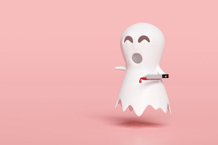 3d halloween day concept with cute ghost holding a bloody knife isolated on pink background. holiday party, 3d render illustrationの写真素材