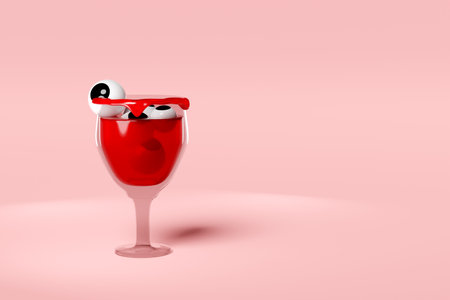 3d happy halloween party with wineglass, cocktail eyes isolated on pink background. 3d render illustrationの写真素材