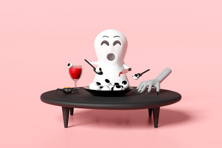 3d happy halloween party with cute ghost holding a bloody knife wineglass, cocktail eyes, zombie hand isolated on pink background. 3d render illustrationの写真素材