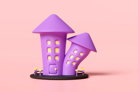 3d happy halloween day with haunted house isolated on pink background. holiday party, 3d render illustrationの写真素材
