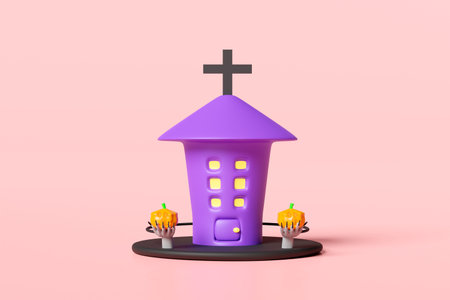 3d happy halloween day with haunted house, cute owl perched on cross, zombie hand holding a pumpkin lantern isolated on pink background. holiday party, 3d render illustrationの写真素材