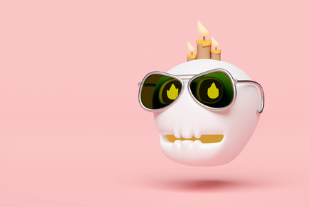 3d halloween holiday party with skull, candle, sunglasses, flame isolated on pink background. 3d render illustrationの写真素材