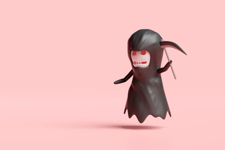 3d halloween holiday party with grim reaper, scythe isolated on pink background. 3d render illustrationの写真素材