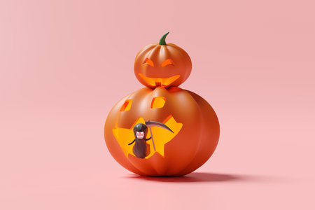 3d halloween holiday party with pumpkin, grim reaper hand holding scythe isolated on pink background. 3d render illustrationの写真素材