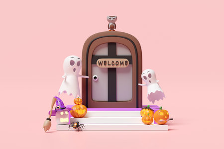 3d halloween holiday party with cute ghost, carved pumpkin, placed on the stairs, spider, old door, label welcome, owl, witch hat, wand  isolated on pink background. 3d render illustrationの写真素材