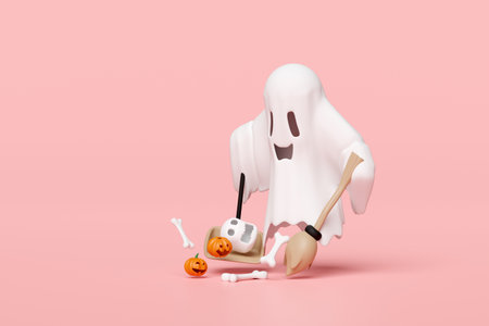 3d halloween day with cute ghost, witch wand, pumpkin, skull, shovel garbage isolated on pink background. holiday party, ghost cleans the floor, 3d render illustrationの写真素材