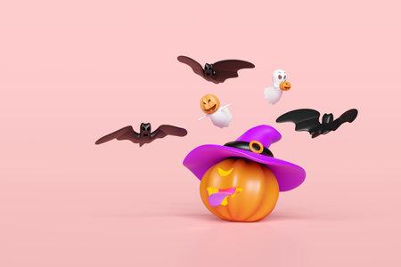 3d halloween holiday party with pumpkin stick out your tongue, witch hat, cute ghost hand holding pumpkin, bats isolated on pink background. 3d render illustrationの写真素材