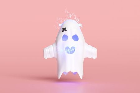 3d halloween day concept with cute ghost flying, thunder isolated on pink background. holiday party, 3d render illustrationの写真素材