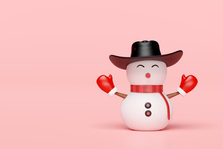3d snowman with cowboy hat, warm mittens, scarf isolated on pink background. merry Christmas and festive New Year, 3d render illustrationの写真素材