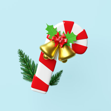 candy cane with Jingle bell, red bow, holly berry leaves, pine tree. merry christmas and happy new year, 3d render illustrationの写真素材