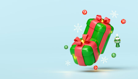 gift box with decorative ball, snowflake, christmas tree. merry christmas and happy new year, 3d...