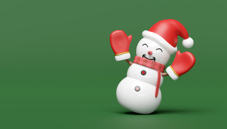 3d smiling snowman with hat, warm mittens, scarf. merry Christmas and festive New Year, 3d render illustrationの写真素材