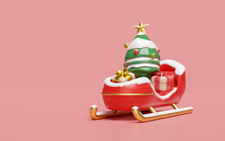 3d sleigh with pine tree, gift box. merry christmas and happy new year, 3d render illustrationの写真素材