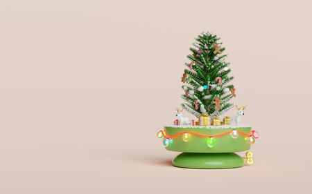 3d musical box with christmas tree, deer, gift box, glass transparent lamp garlands. merry christmas and happy new year, 3d render illustrationの写真素材