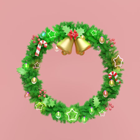 wreath with decorated branches of pine trees, Jingle bell, candy cane, red bow, holly berry leaves, clear glass lantern garlands, star. merry christmas and happy new year, 3d render illustrationの写真素材