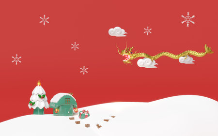 3d gold Chinese Dragon with house on snow hill, ornaments glass, pine tree, gift box, cloud, snowflake. merry christmas and happy chinese new year, 3d render illustrationの写真素材