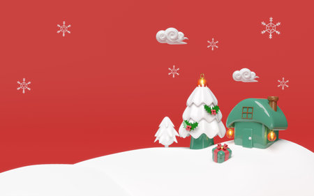 3d house on snow hill with ornaments glass, pine tree, gift box, cloud, snowflake. merry christmas and happy new year, 3d render illustrationの写真素材
