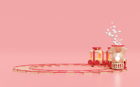 3d locomotive steam cartoon with smoke, wagons shaped like a gift box,  railroad tracks, train transport toy, happy new year. 3d render illustrationの写真素材