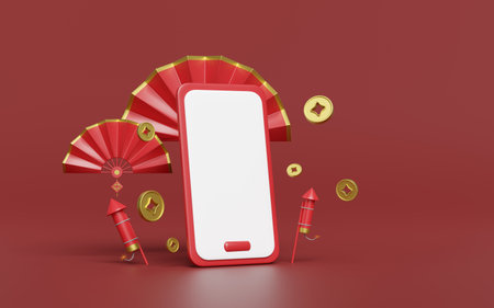 3d mobile phone, smartphone with fan, firework rocket, chinese coin for festive chinese new year holiday. 3d render illustrationの写真素材