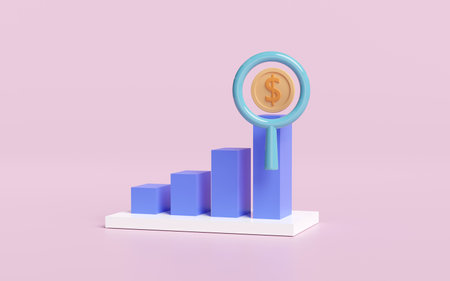 3D charts graph with magnifying glass, coin, analysis business financial data, online marketing isolated on pink background. business strategy minimal concept, 3d render illustrationの写真素材
